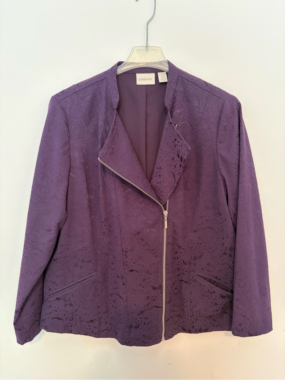 Chico's Textured Purple Asymmetrical Zip Jacket